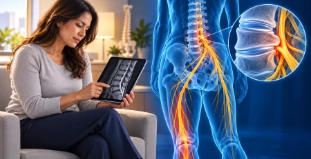 Mujer revisando una resonancia junto a una ilustración holográfica de contacto entre un disco lumbar y una raíz nerviosa
