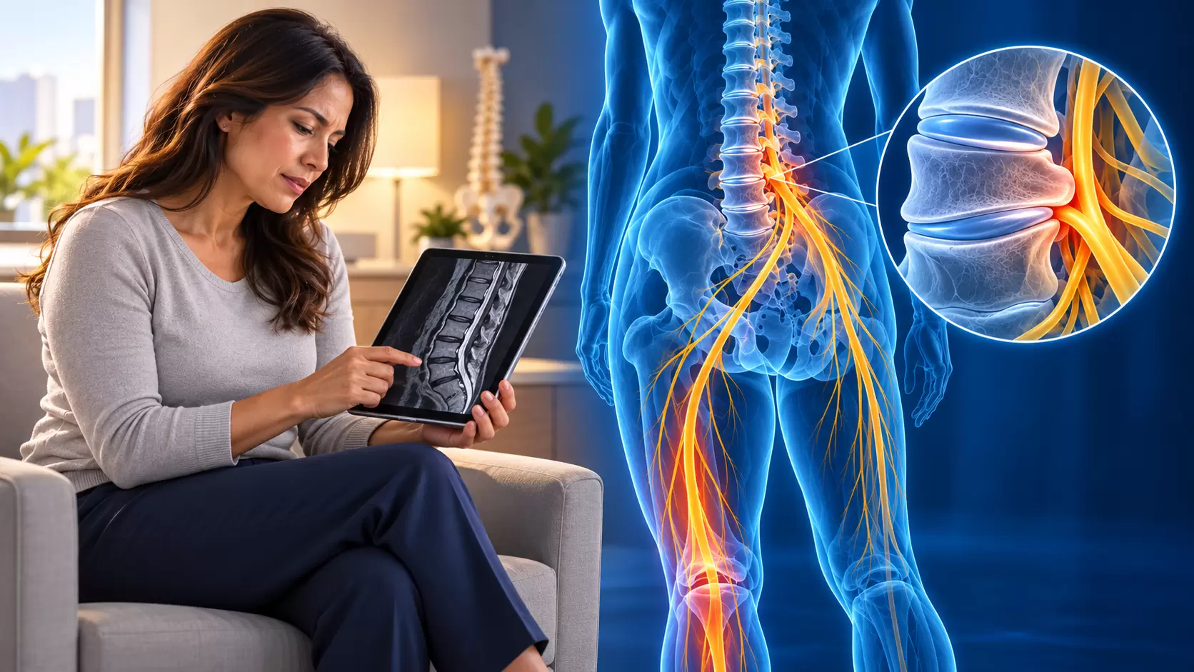 Mujer revisando una resonancia junto a una ilustración holográfica de contacto entre un disco lumbar y una raíz nerviosa
