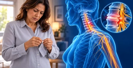 Mujer con dificultad para abotonar la camisa junto a una ilustración holográfica de la columna cervical
