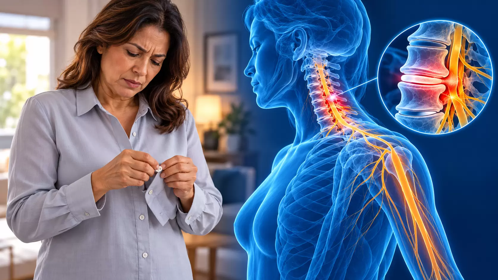 Mujer con dificultad para abotonar la camisa junto a una ilustración holográfica de la columna cervical