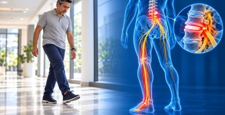 Hombre con cambios al caminar junto a una ilustración holográfica de la columna lumbar y los nervios de la pierna