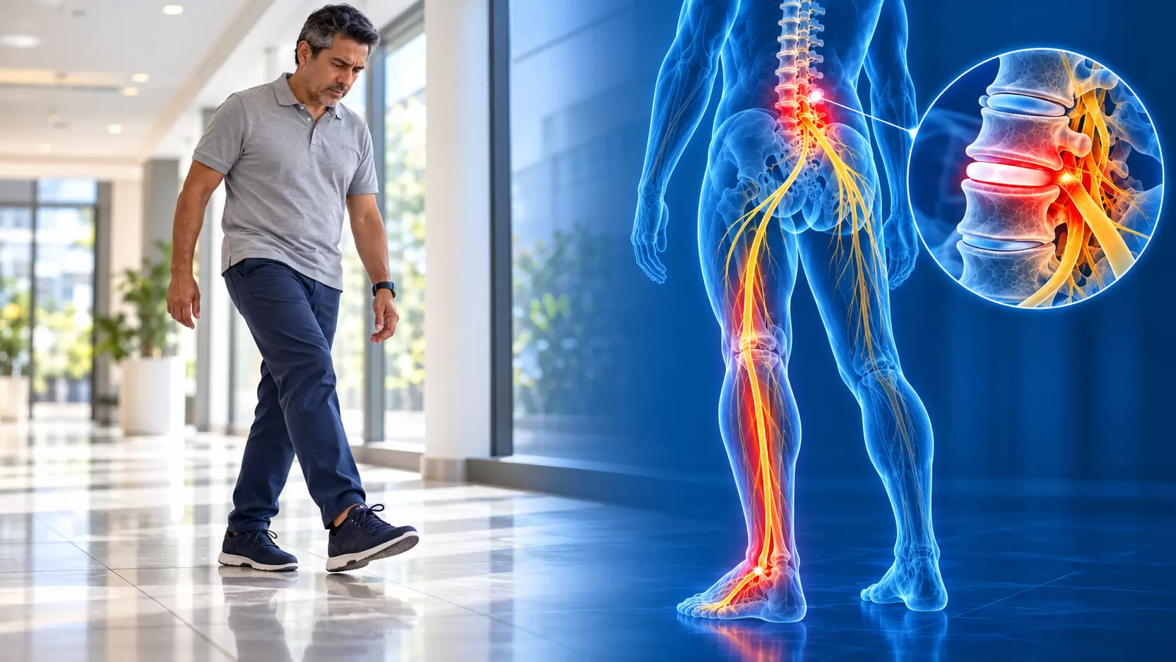 Hombre con cambios al caminar junto a una ilustración holográfica de la columna lumbar y los nervios de la pierna