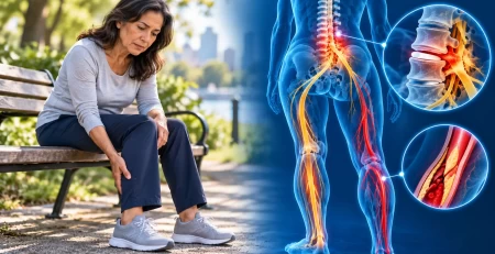 Mujer descansando por dolor de pantorrilla junto a una ilustración holográfica de nervios lumbares y arterias de la pierna