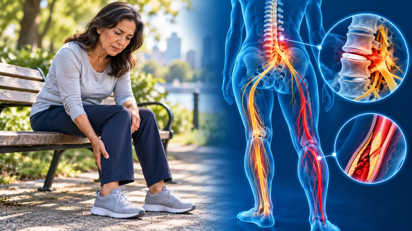 Mujer descansando por dolor de pantorrilla junto a una ilustración holográfica de nervios lumbares y arterias de la pierna