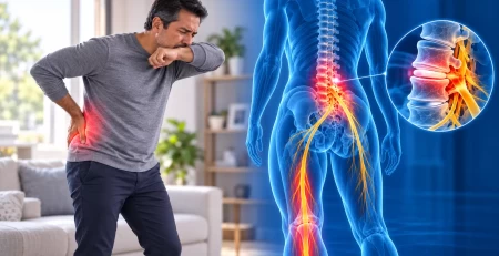 Persona con dolor lumbar al toser durante una actividad cotidiana