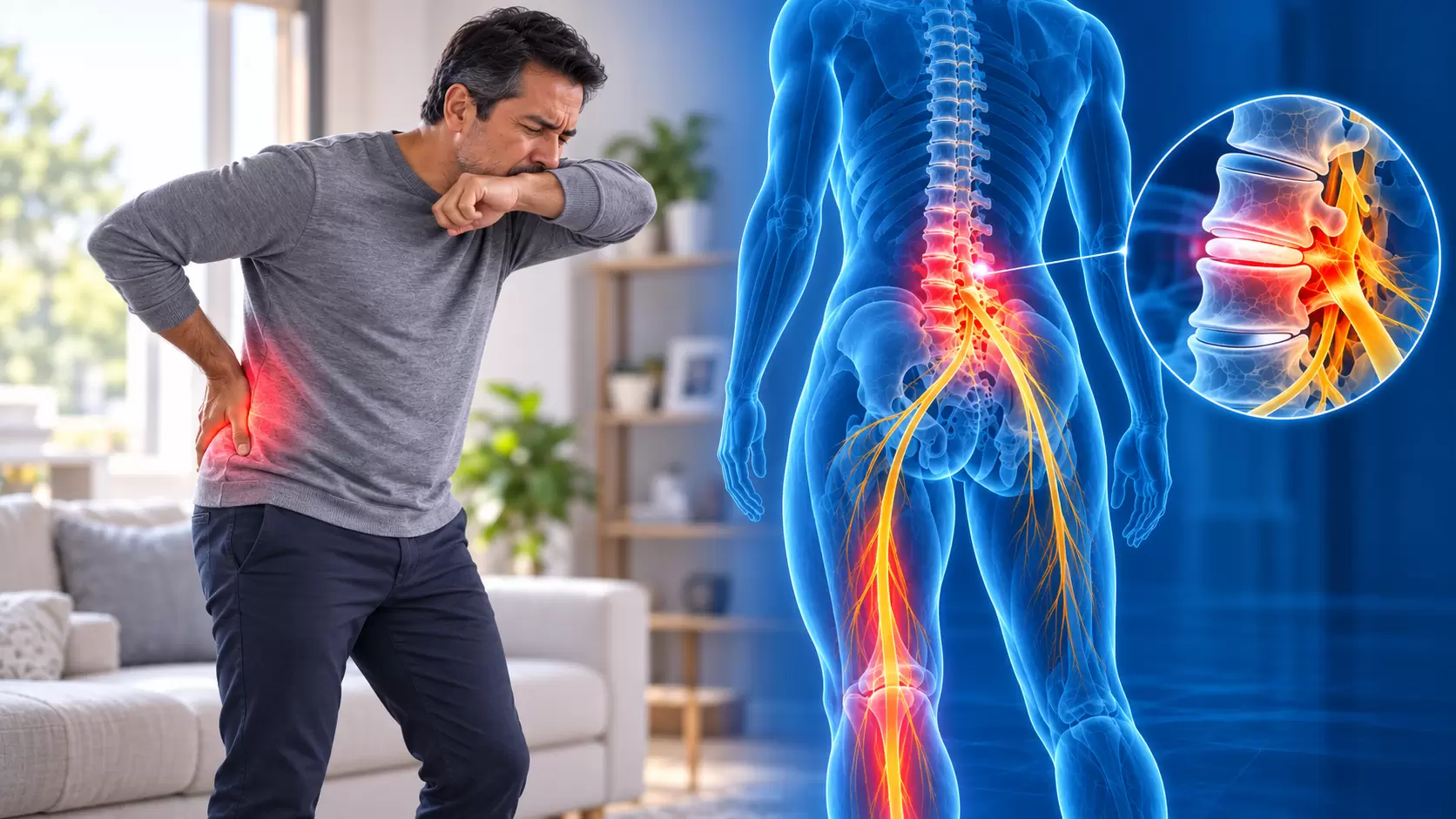Persona con dolor lumbar al toser durante una actividad cotidiana