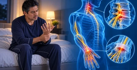 Hombre con adormecimiento nocturno de la mano junto a una ilustración holográfica del cuello y la muñeca