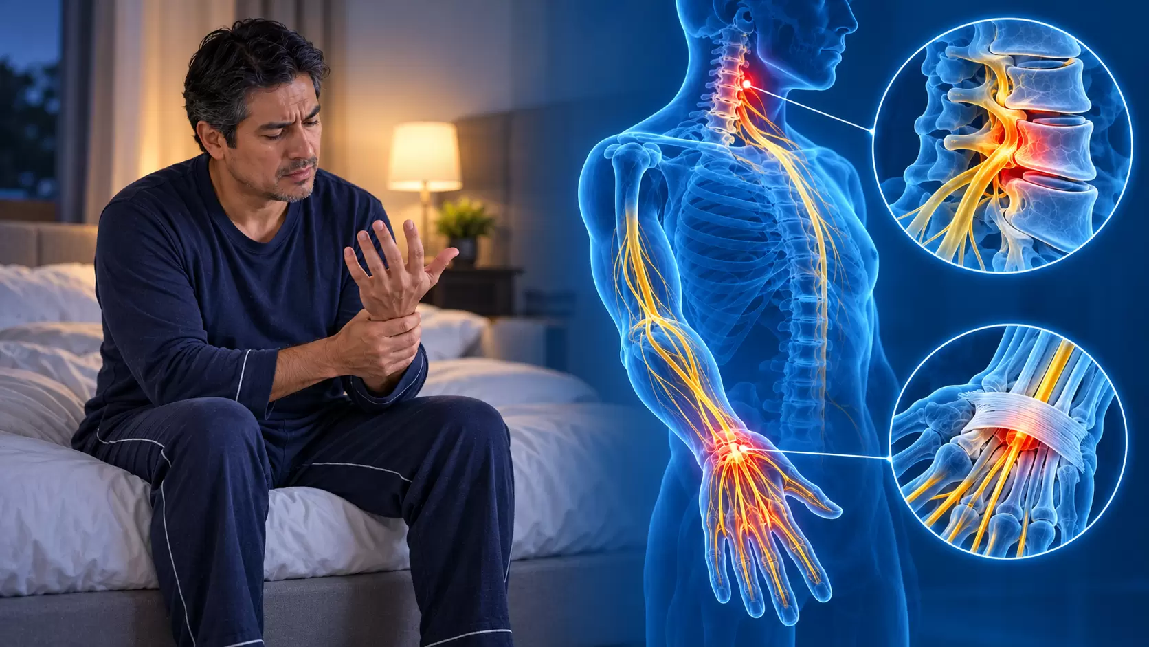 Hombre con adormecimiento nocturno de la mano junto a una ilustración holográfica del cuello y la muñeca